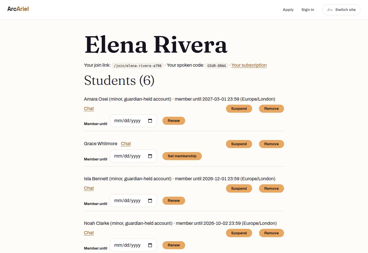 The studio home: the teacher's name, join link and spoken code, and the student roster with memberships
