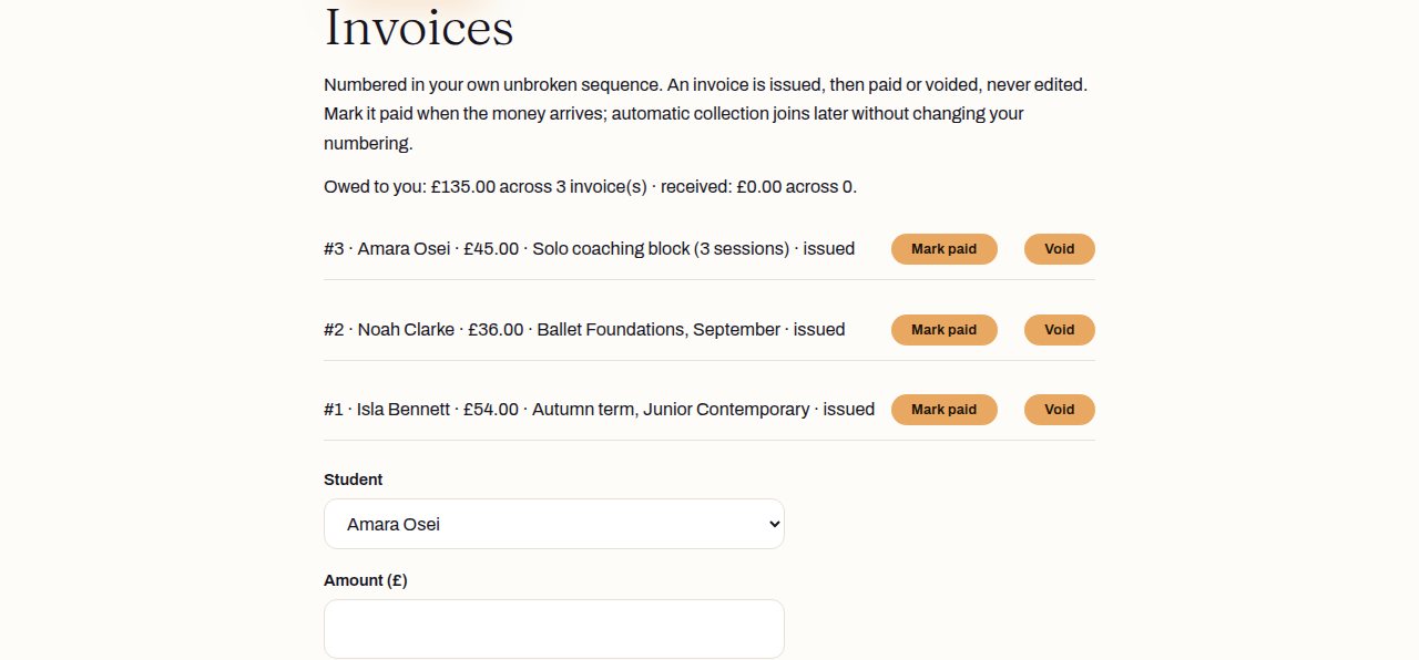 The invoices section: an unbroken numbered sequence with what is owed summed at a glance