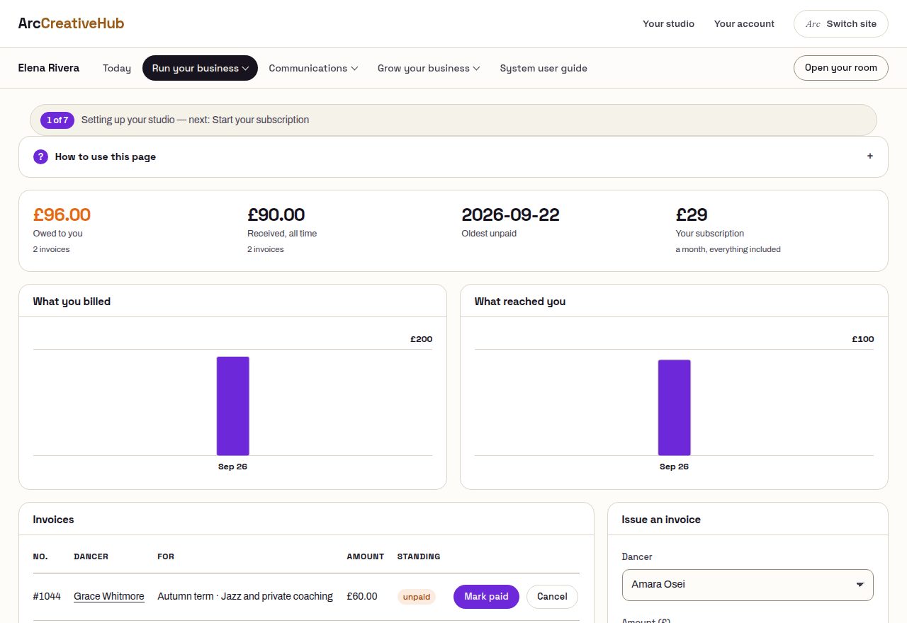 The invoices section: an unbroken numbered sequence with what is owed summed at a glance
